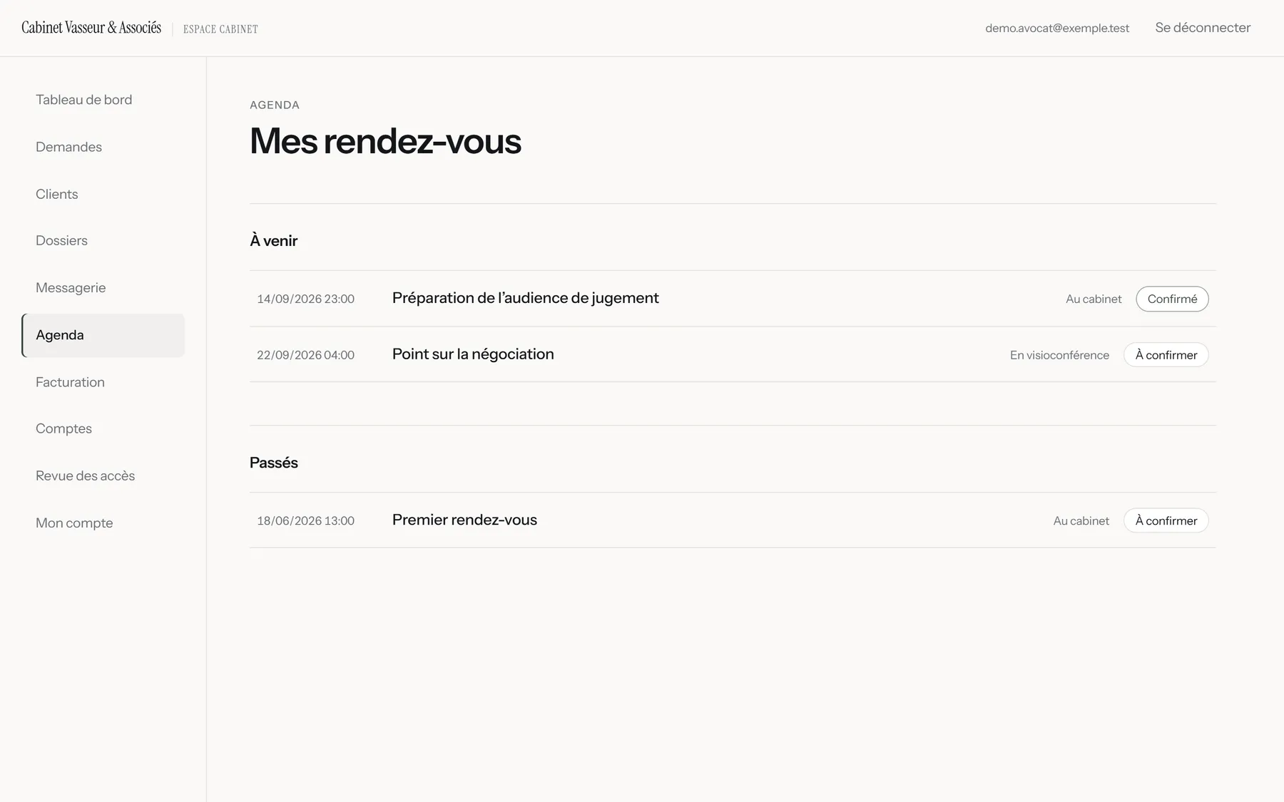 Agenda des rendez-vous.